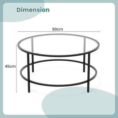 Accent Round Coffee Table with Tempered Glass Tabletop-Black