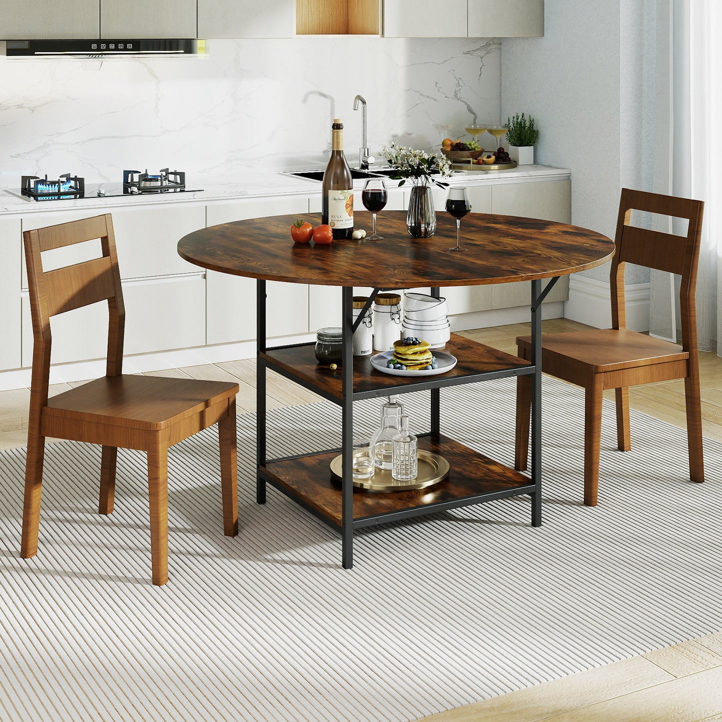 120 CM Round Dining Table with 2-Tier Storage Shelf and Heavy-duty Metal Frame-Black & Brown