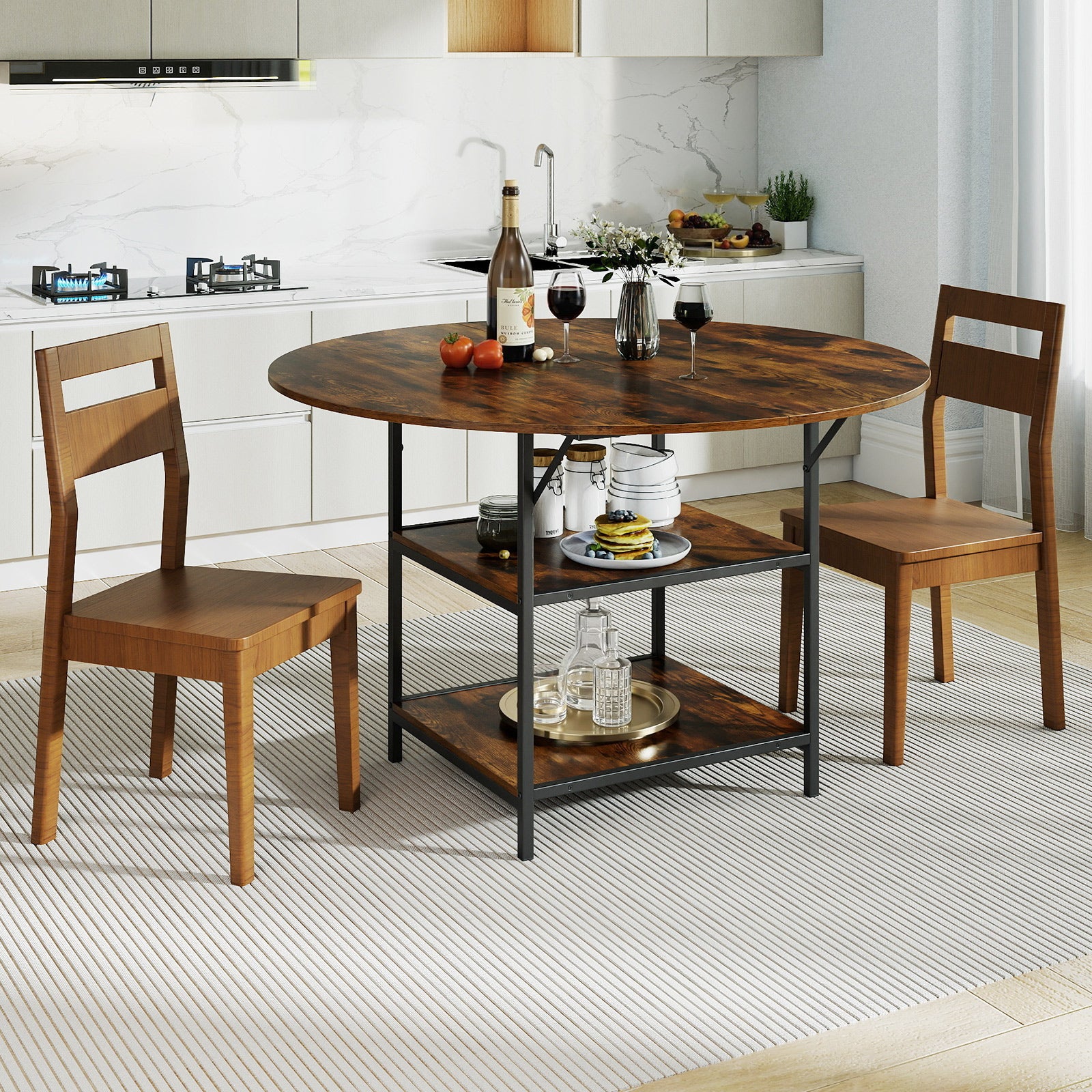 120 CM Round Dining Table with 2-Tier Storage Shelf and Heavy-duty Metal Frame-Black & Brown
