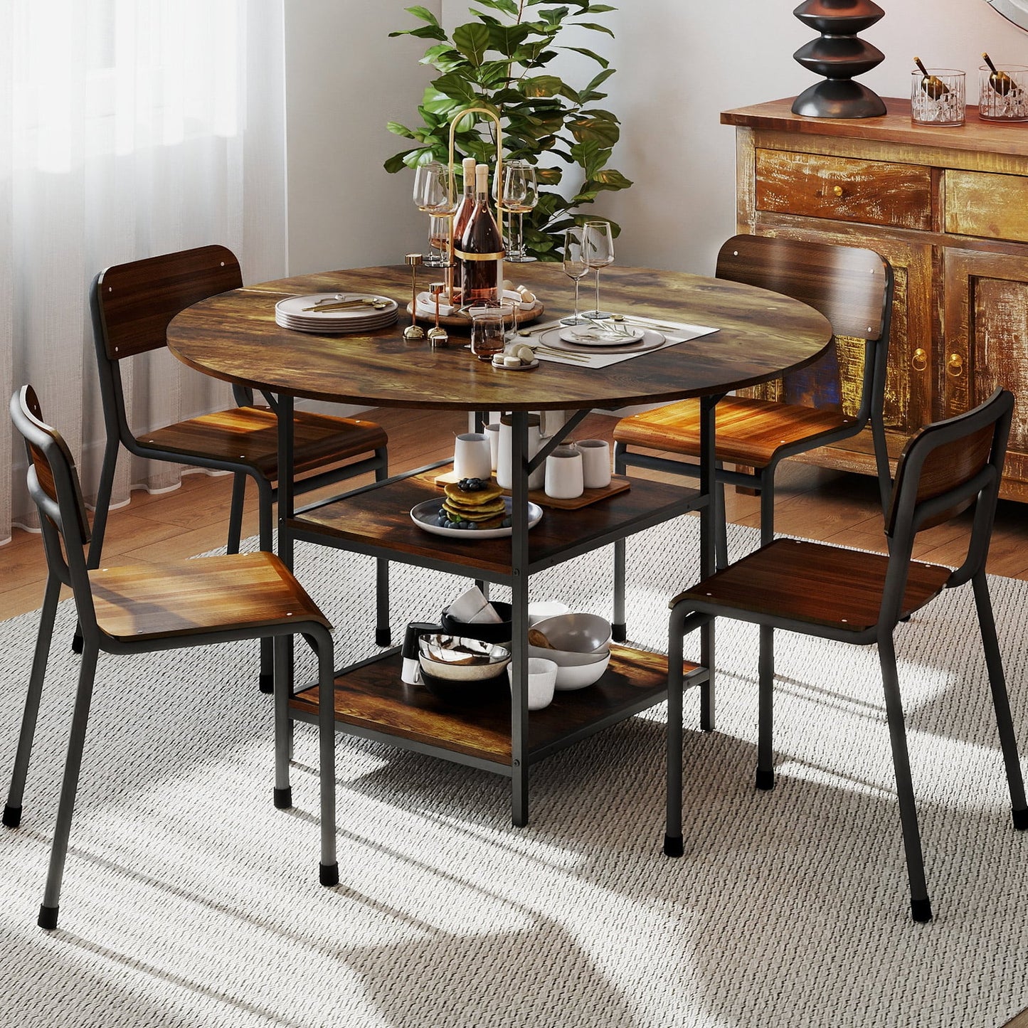 120 CM Round Dining Table with 2-Tier Storage Shelf and Heavy-duty Metal Frame-Black & Brown