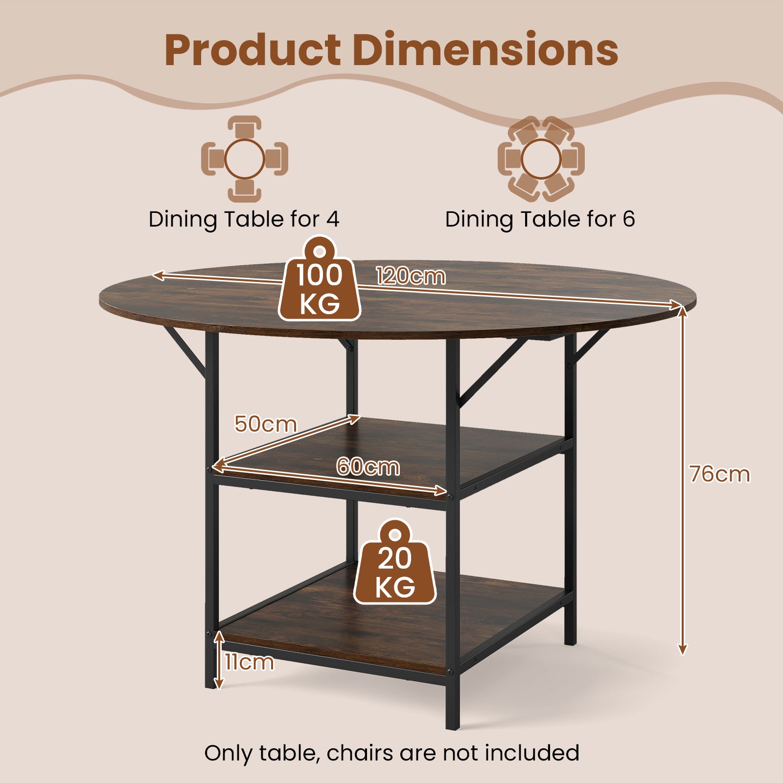 120 CM Round Dining Table with 2-Tier Storage Shelf and Heavy-duty Metal Frame-Black & Brown