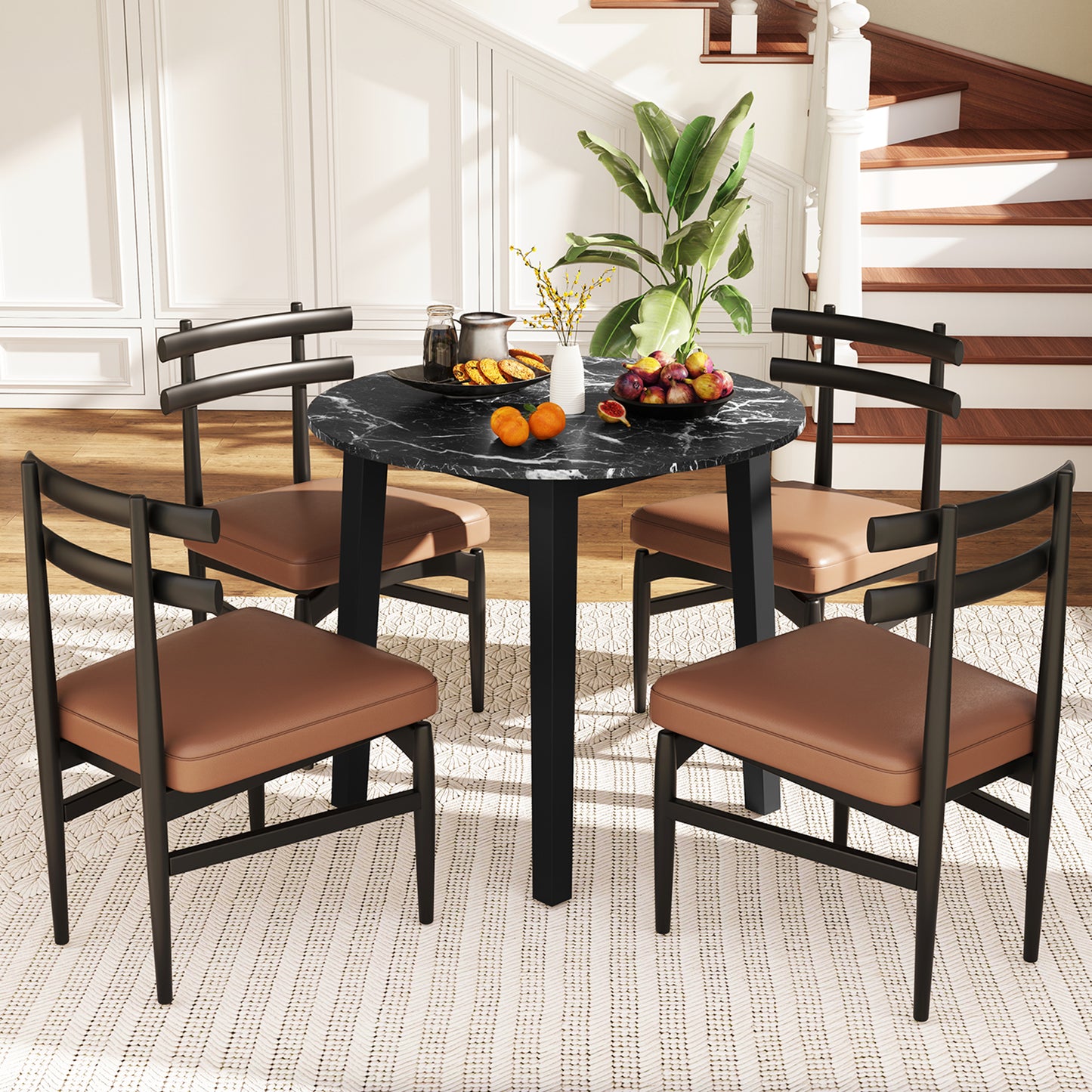 Round Dining Table with Rubber Wood Legs and Marble-textured Veneer Tabletop-Black