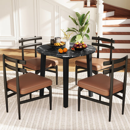 Round Dining Table with Rubber Wood Legs and Marble-textured Veneer Tabletop-Black