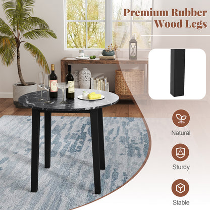 Round Dining Table with Rubber Wood Legs and Marble-textured Veneer Tabletop-Black