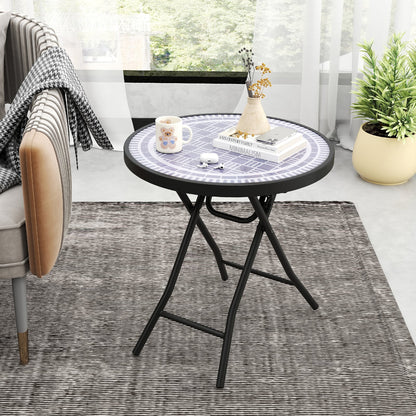 Round Folding Side Patio Coffee Table with Tempered Glass Tabletop-Grey