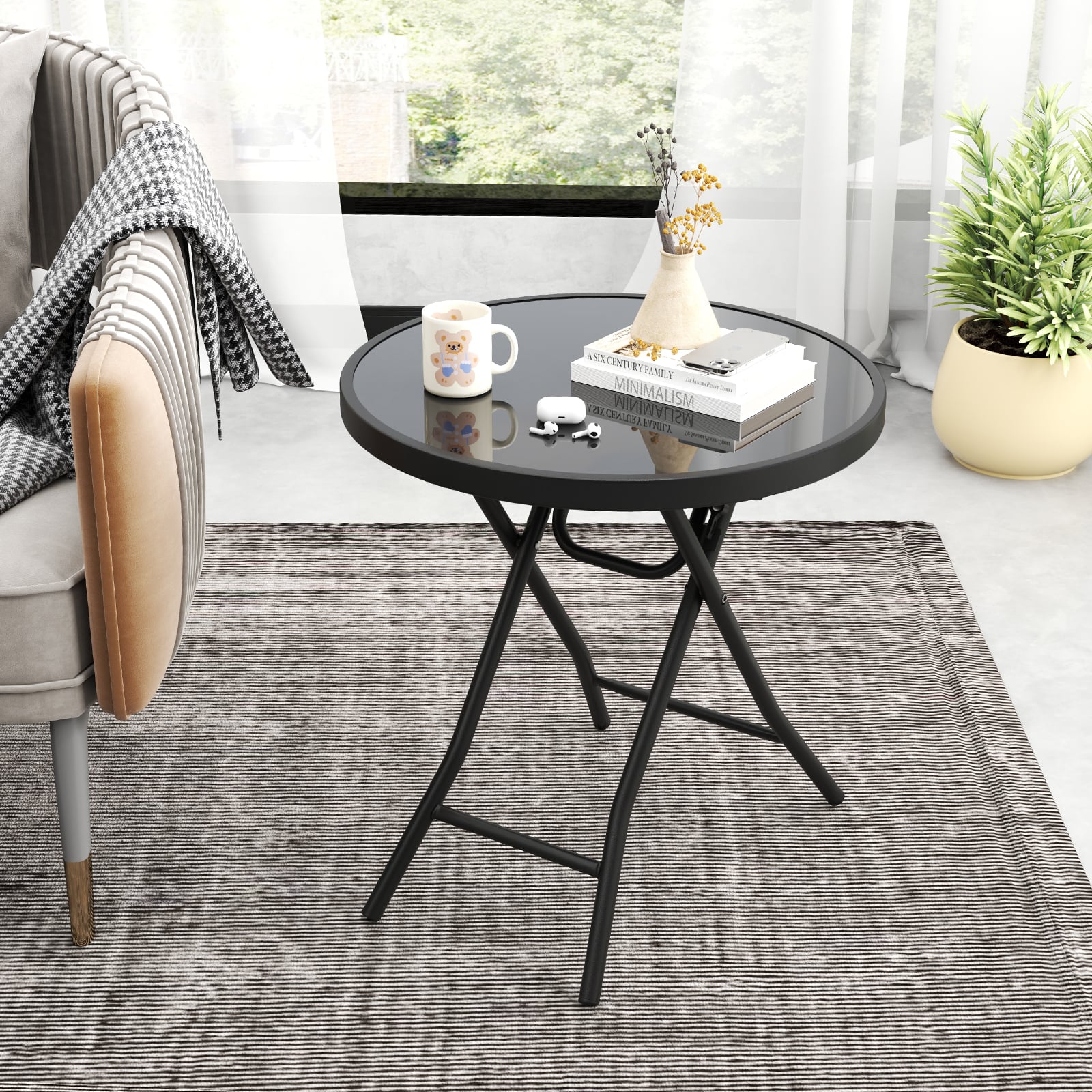 Round Folding Side Patio Coffee Table with Tempered Glass Tabletop-Black