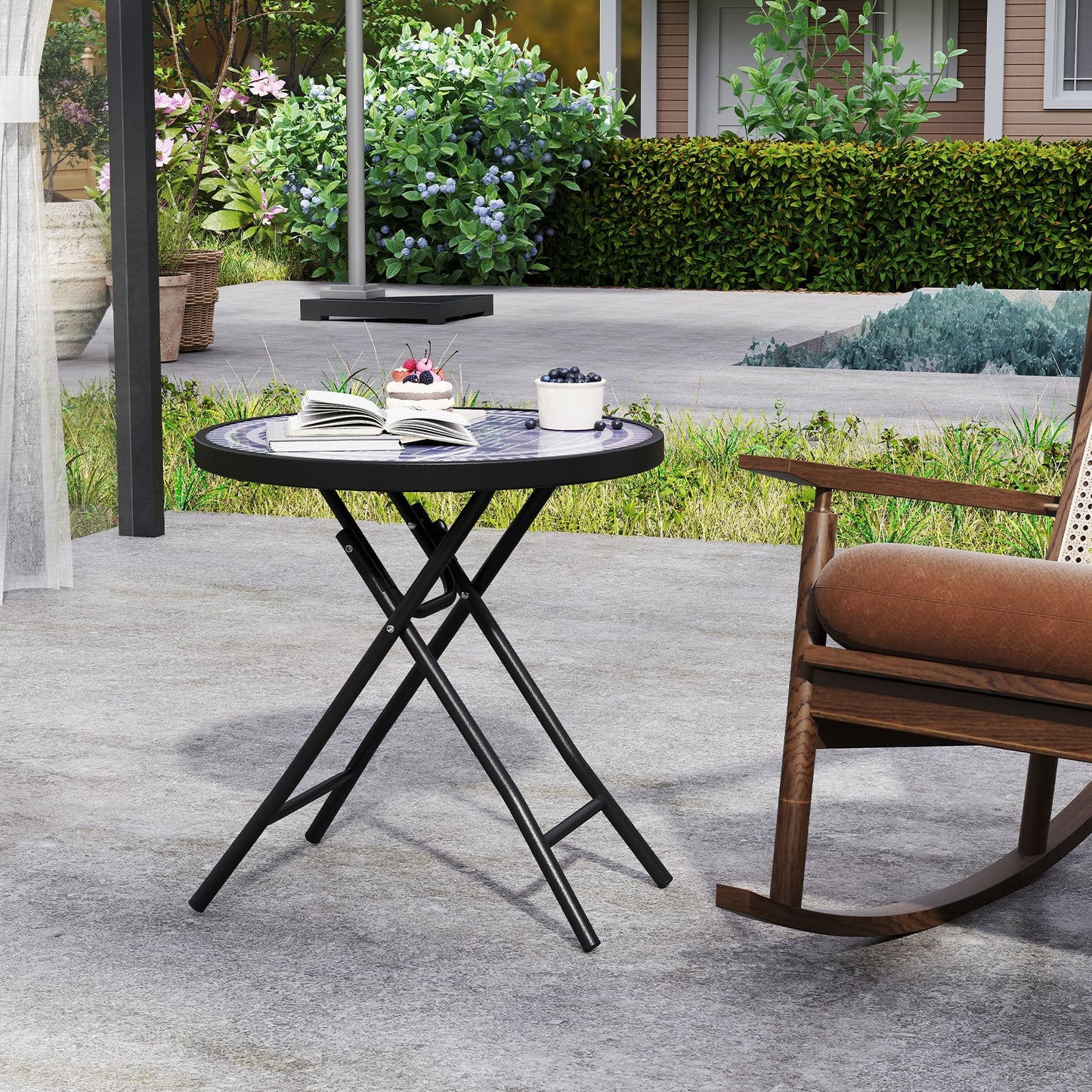 Round Folding Side Patio Coffee Table with Tempered Glass Tabletop-Grey