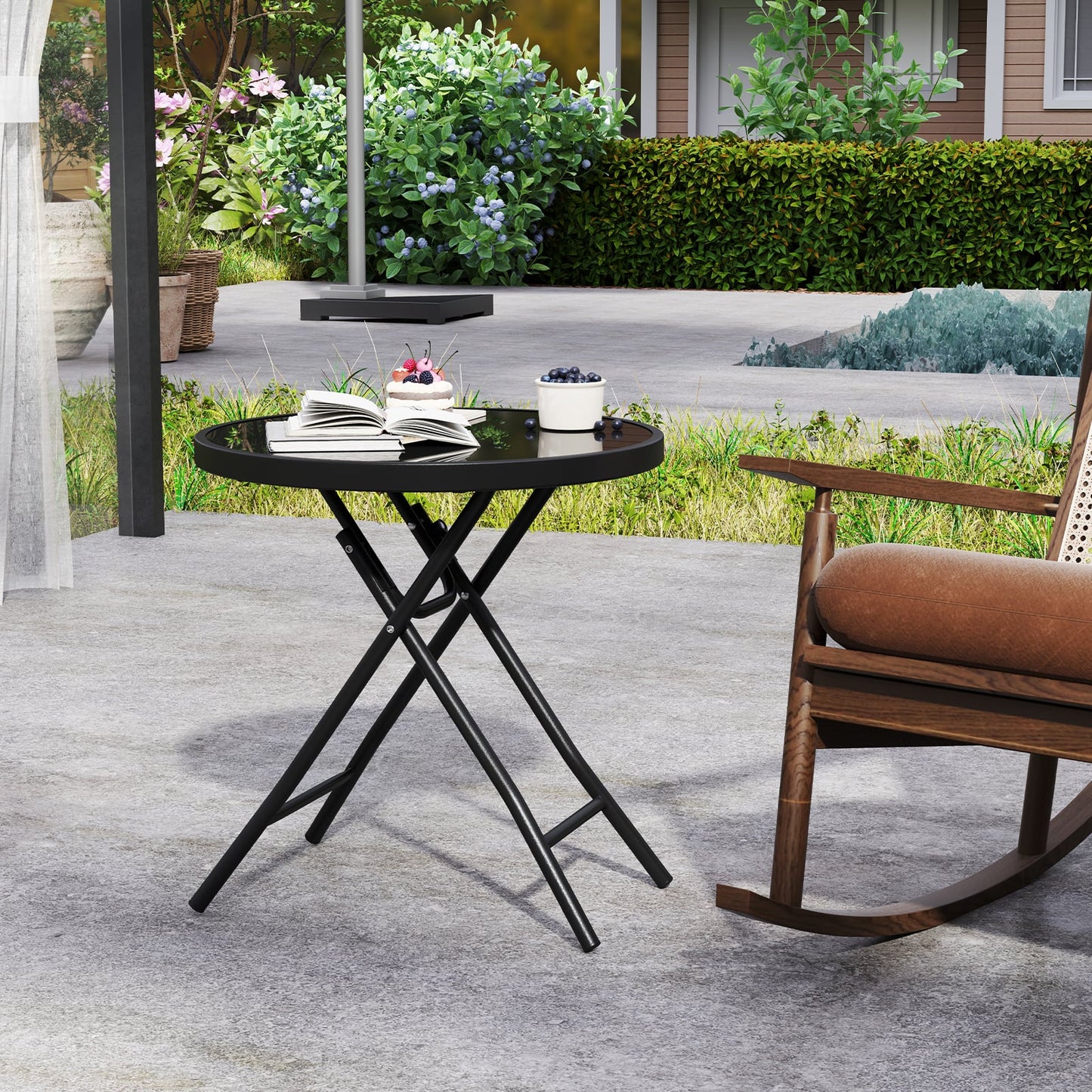Round Folding Side Patio Coffee Table with Tempered Glass Tabletop-Black