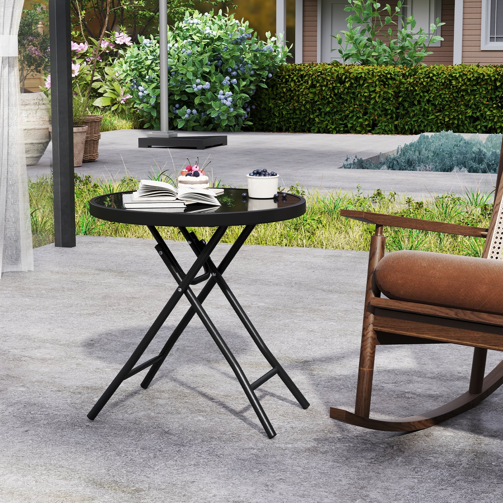 Round Folding Side Patio Coffee Table with Tempered Glass Tabletop-Black