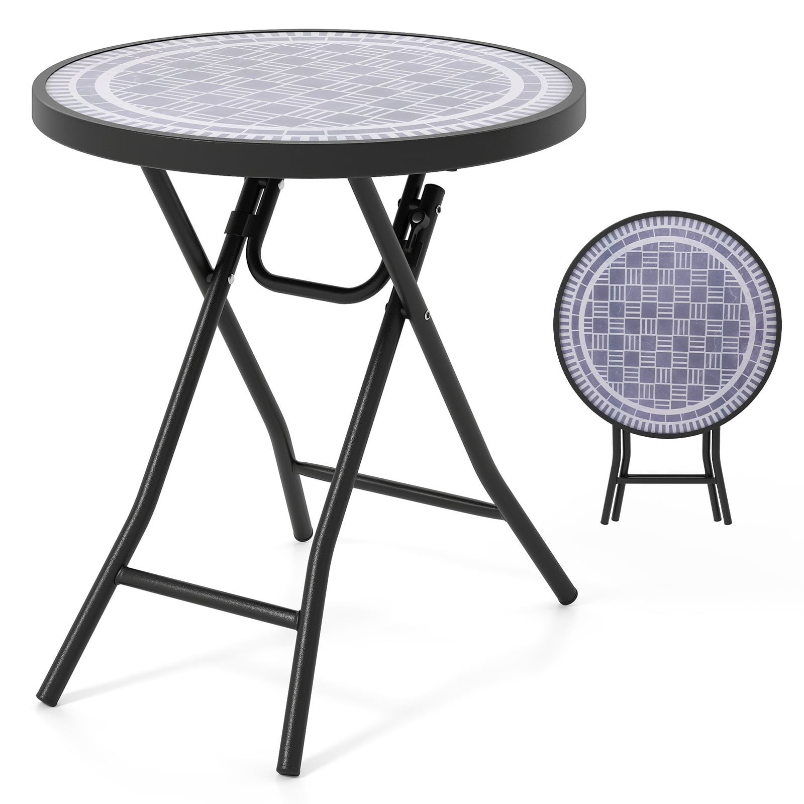 Round Folding Side Patio Coffee Table with Tempered Glass Tabletop-Grey
