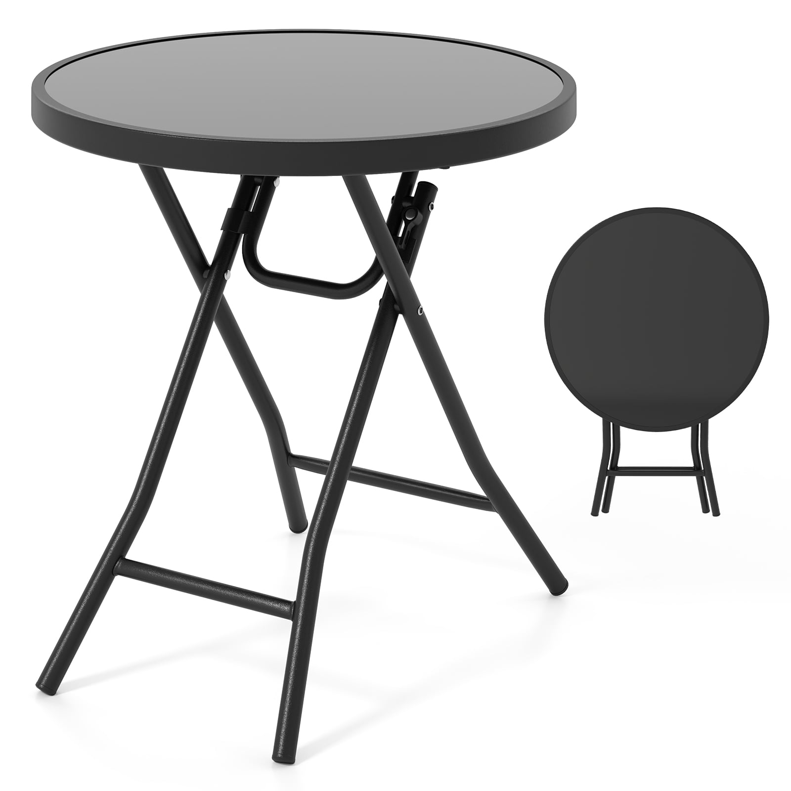 Round Folding Side Patio Coffee Table with Tempered Glass Tabletop-Black
