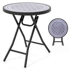 Round Folding Side Patio Coffee Table with Tempered Glass Tabletop-Grey