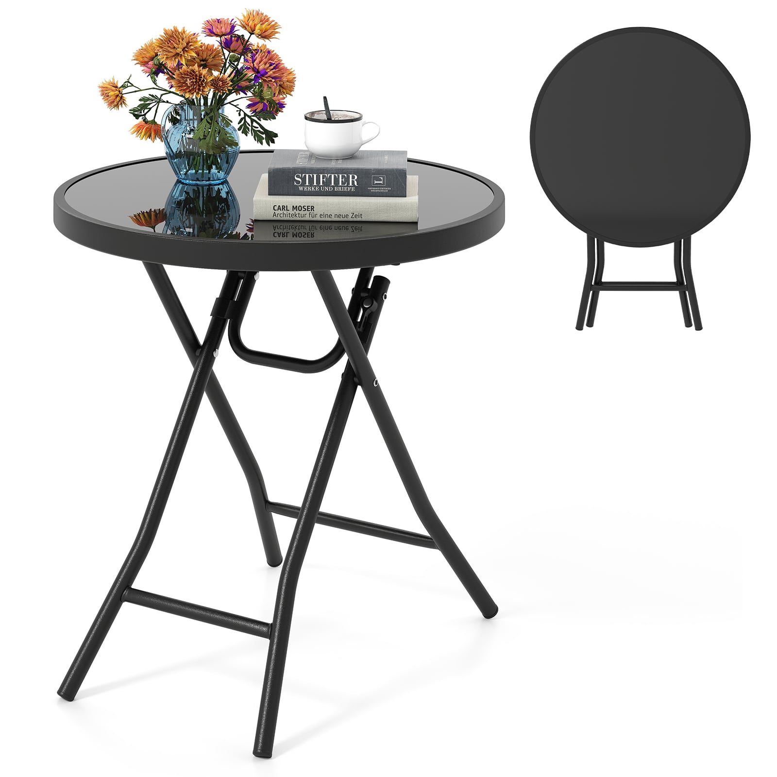 Round Folding Side Patio Coffee Table with Tempered Glass Tabletop-Black