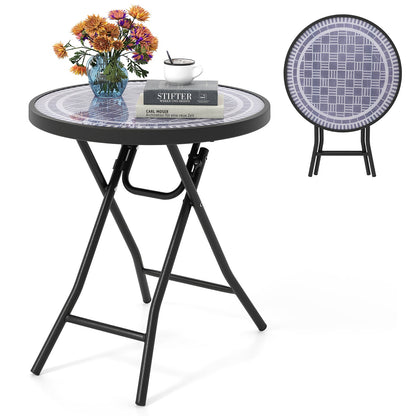 Round Folding Side Patio Coffee Table with Tempered Glass Tabletop-Grey