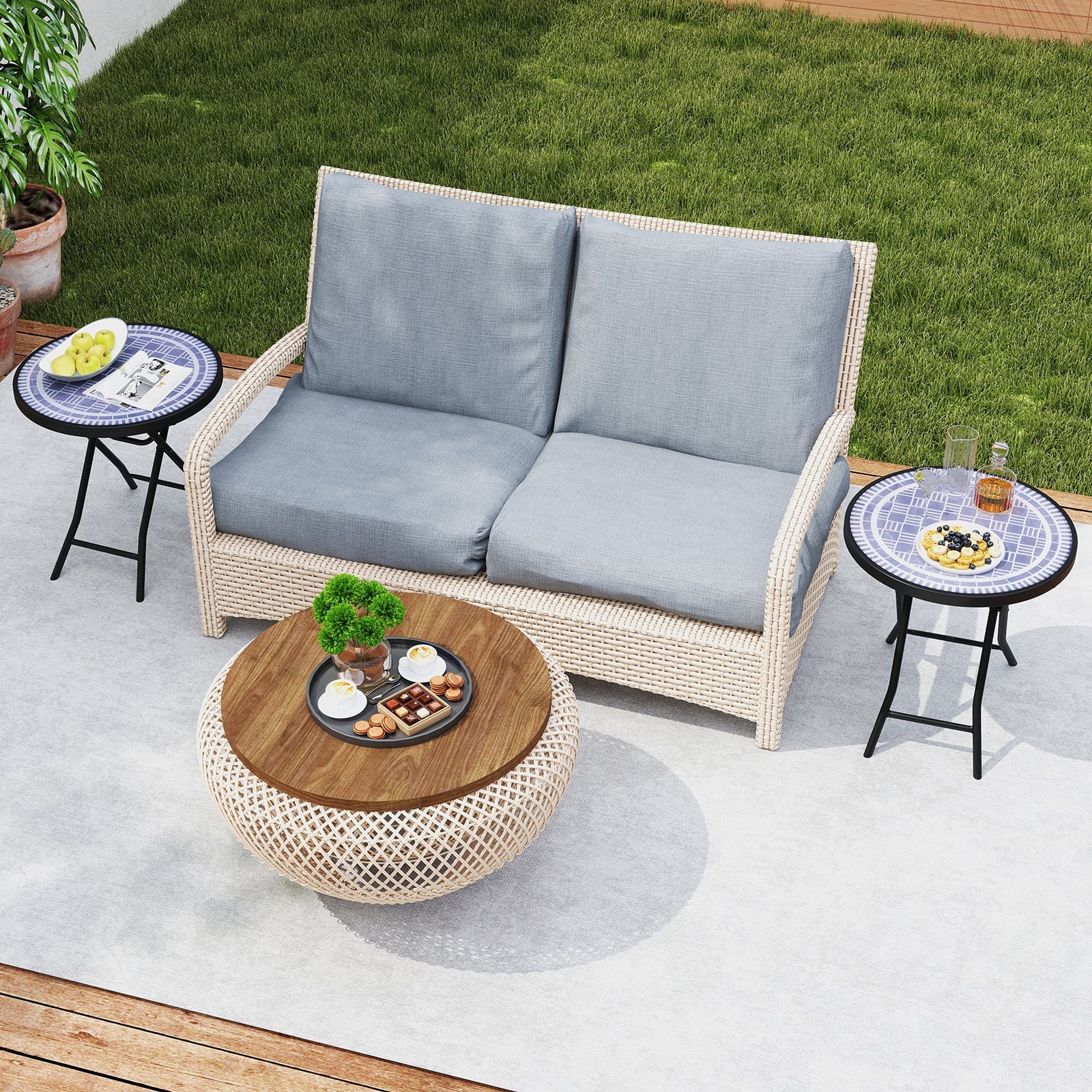 Round Folding Side Patio Coffee Table with Tempered Glass Tabletop-Grey