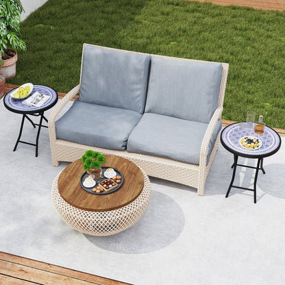 Round Folding Side Patio Coffee Table with Tempered Glass Tabletop-Grey