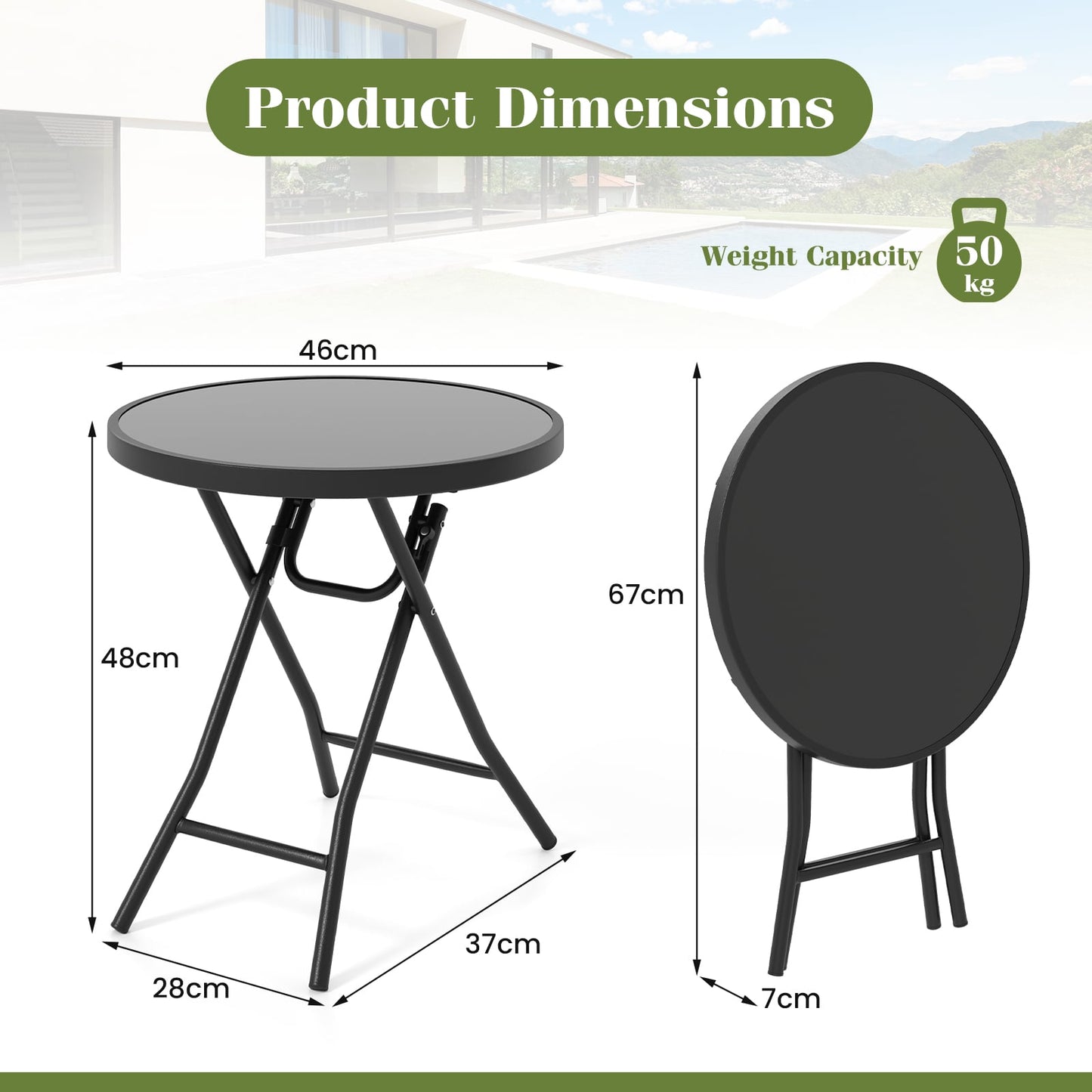 Round Folding Side Patio Coffee Table with Tempered Glass Tabletop-Black