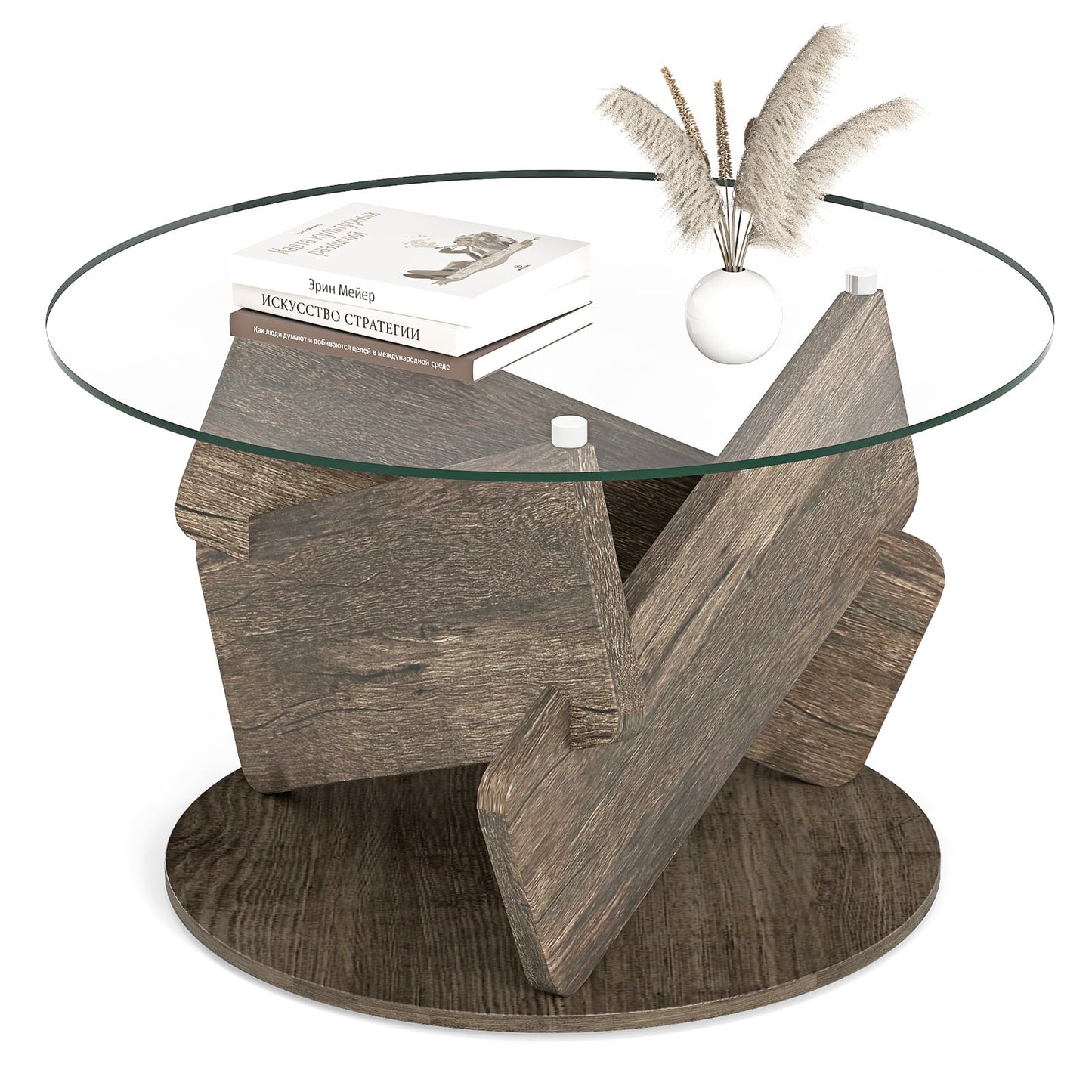 Round Glass Coffee Table 81cm Modern Center Table with Tempered Glass Top-Grey