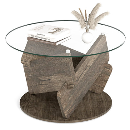 Round Glass Coffee Table 81cm Modern Center Table with Tempered Glass Top-Grey
