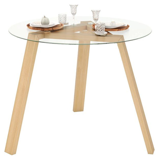 36 Inches Round Glass Dining Table for 4 with Rubber Wood Frame-Natural