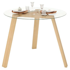 36 Inches Round Glass Dining Table for 4 with Rubber Wood Frame-Natural
