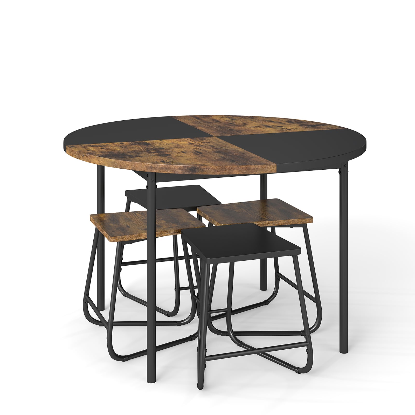118cm Round Kitchen Table and 4 Stools with Wooden Tabletop-Rustic Brown
