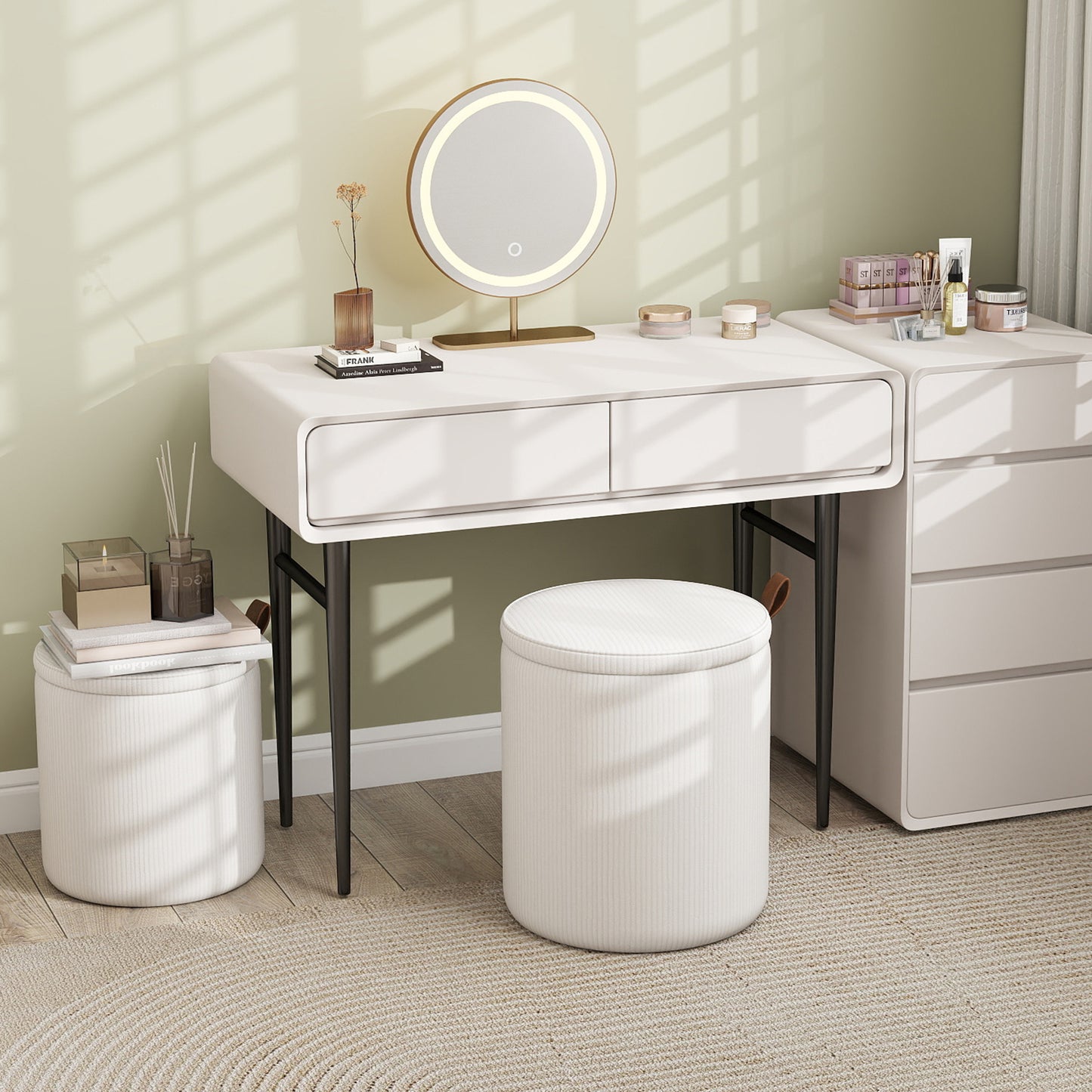 Round Ottoman with Storage Set of 2 with Removable Lids and Padded Seats-Beige