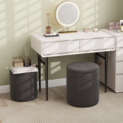 Round Ottoman with Storage Set of 2 with Removable Lids and Padded Seats-Grey