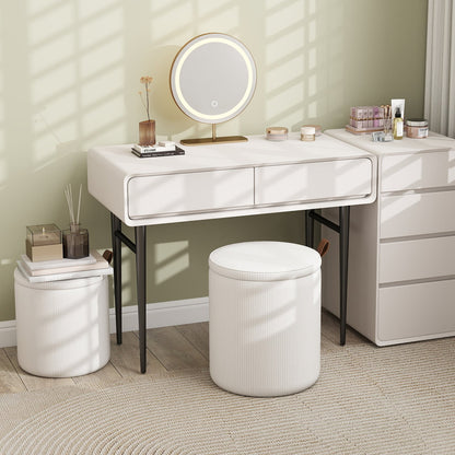 Round Ottoman with Storage Set of 2 with Removable Lids and Padded Seats-Beige