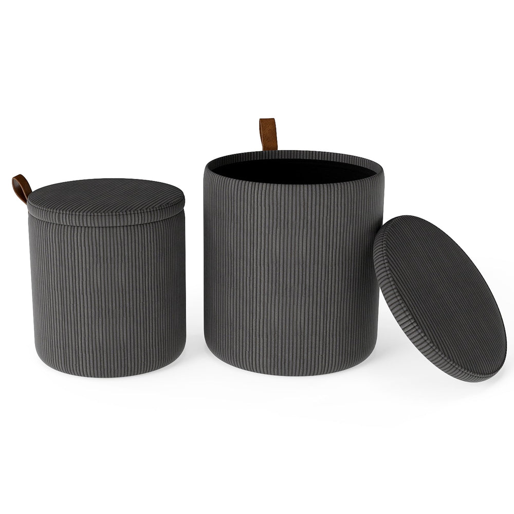 Round Ottoman with Storage Set of 2 with Removable Lids and Padded Seats-Grey