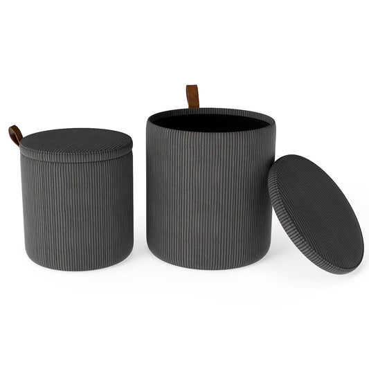 Round Ottoman with Storage Set of 2 with Removable Lids and Padded Seats-Grey