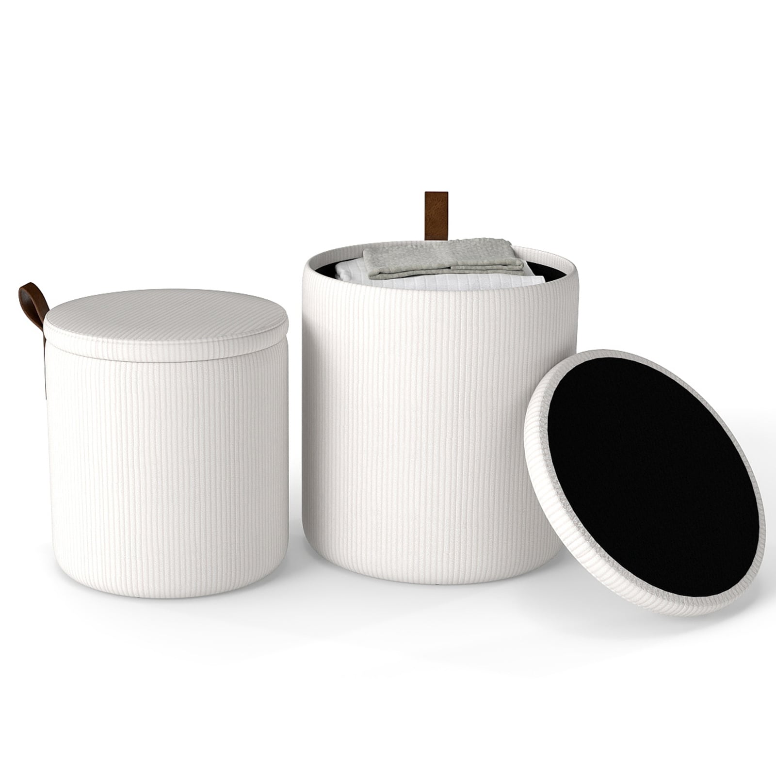 Round Ottoman with Storage Set of 2 with Removable Lids and Padded Seats-Beige