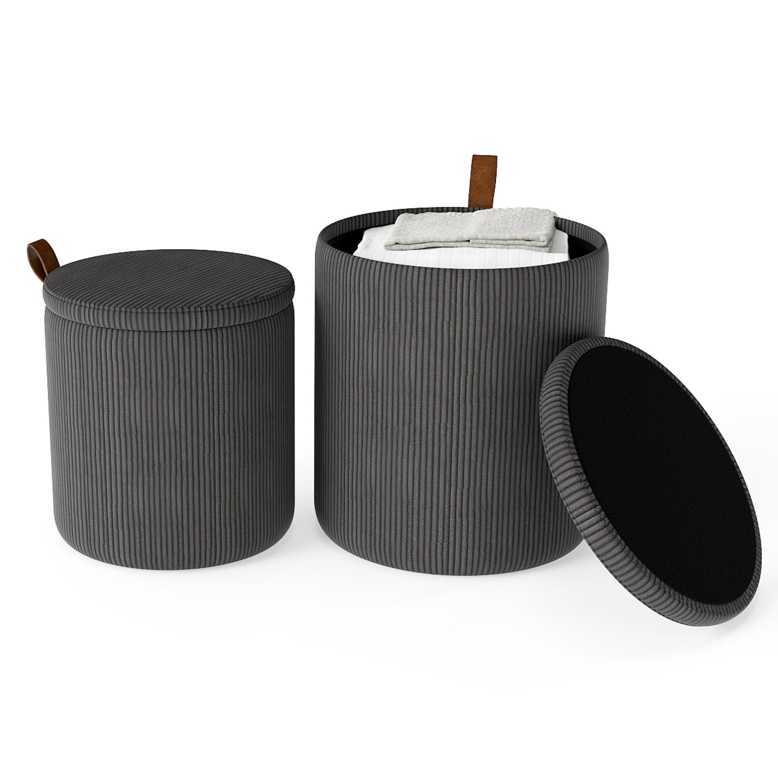 Round Ottoman with Storage Set of 2 with Removable Lids and Padded Seats-Grey