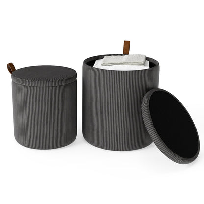 Round Ottoman with Storage Set of 2 with Removable Lids and Padded Seats-Grey