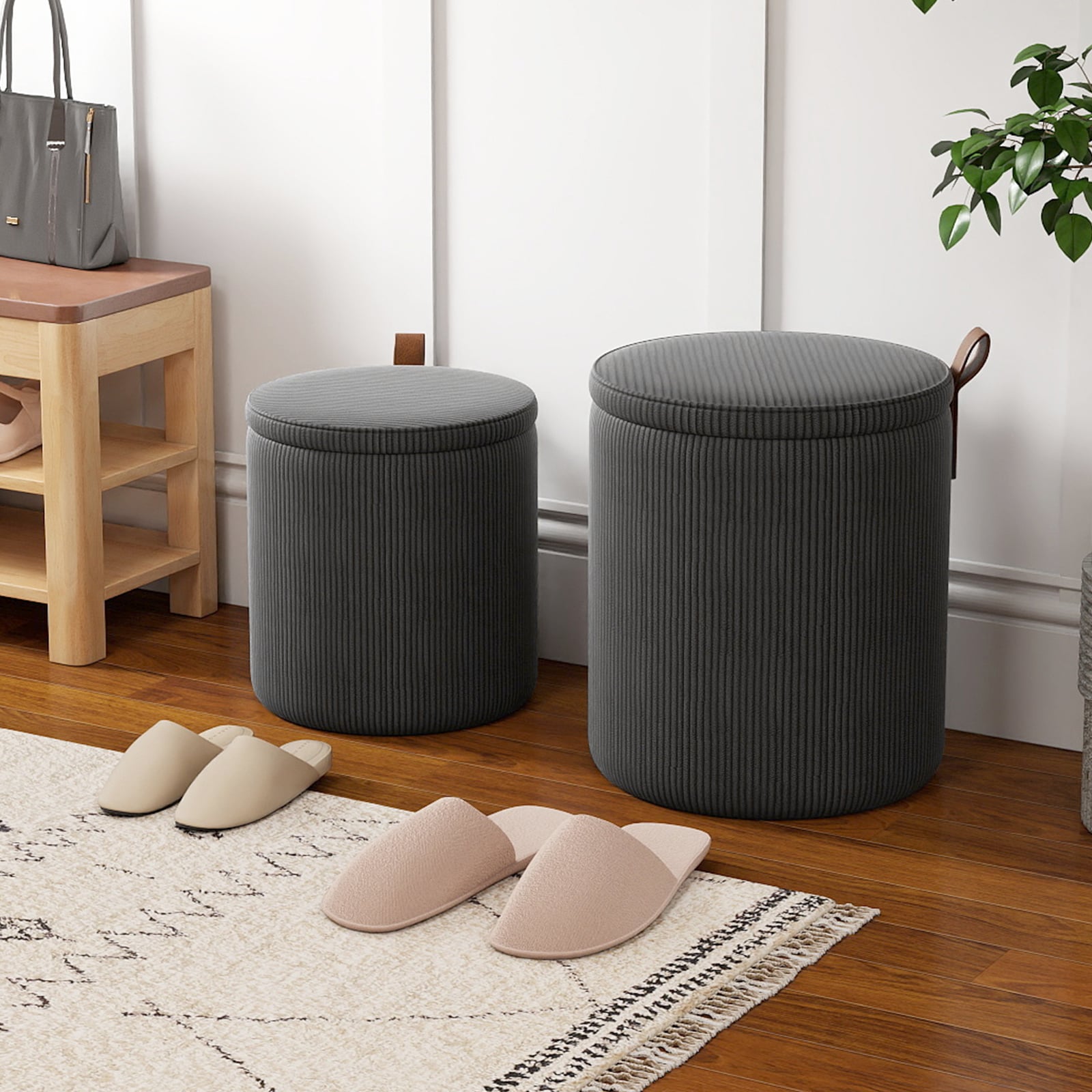 Round Ottoman with Storage Set of 2 with Removable Lids and Padded Seats-Grey
