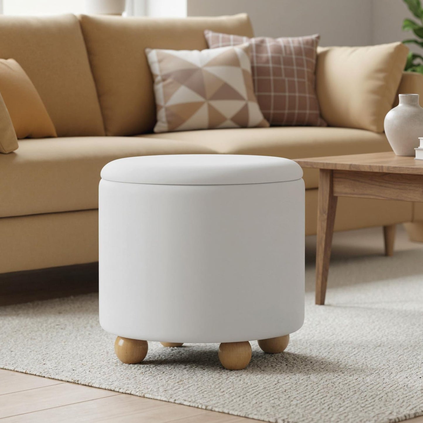 Round Storage Ottoman 45 CM Chenille Fabric Footrest Stool with Removable Lid-White