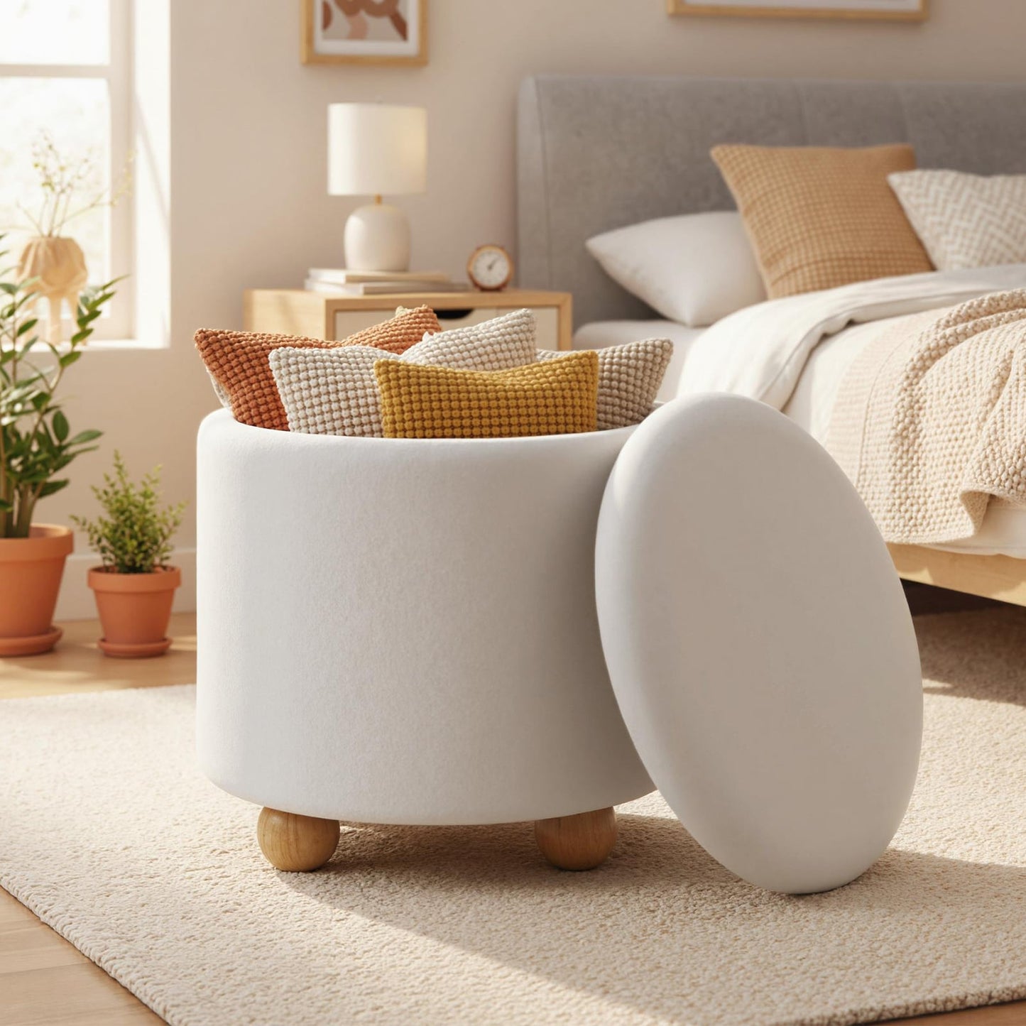 Round Storage Ottoman 45 CM Chenille Fabric Footrest Stool with Removable Lid-White