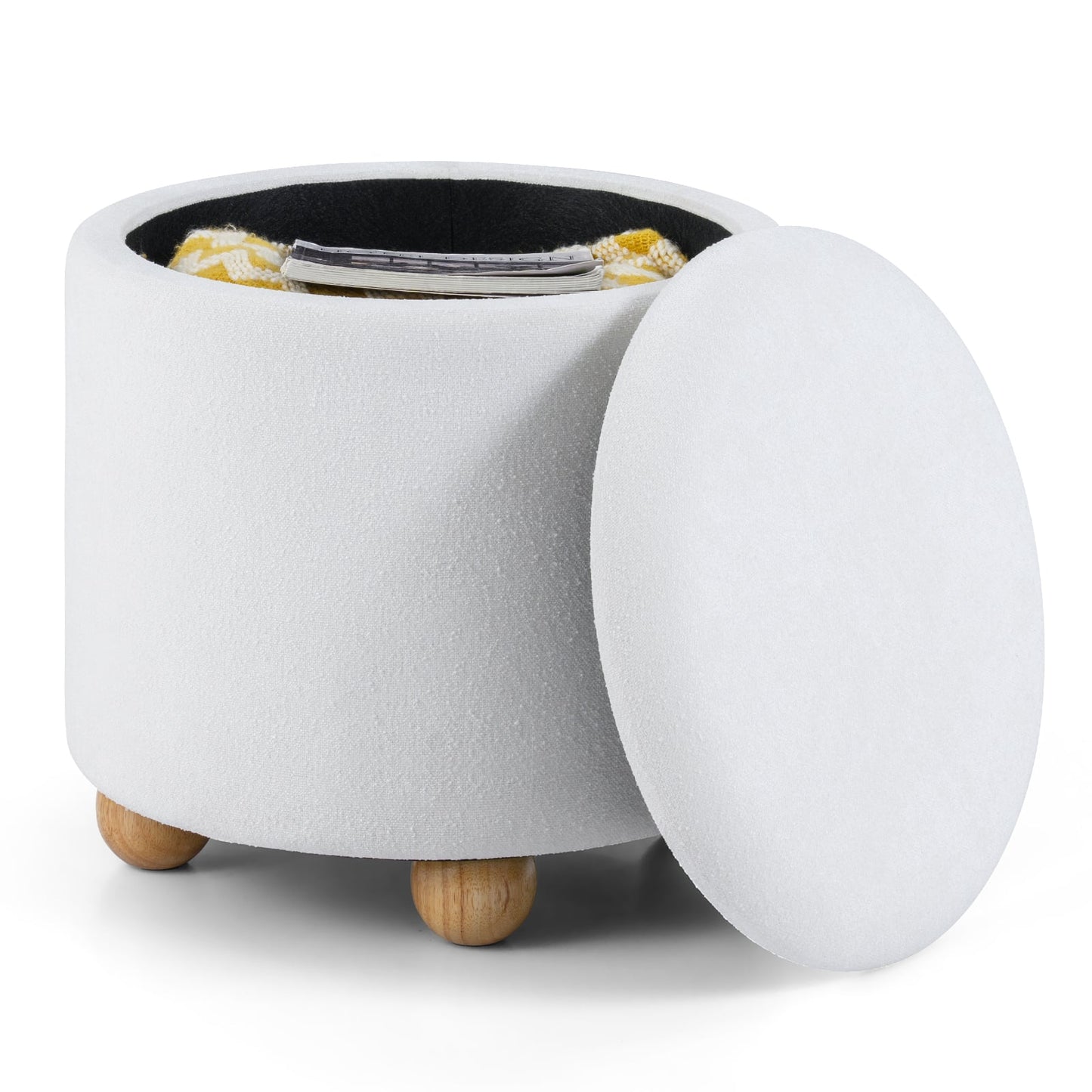 Round Storage Ottoman 45 CM Chenille Fabric Footrest Stool with Removable Lid-White