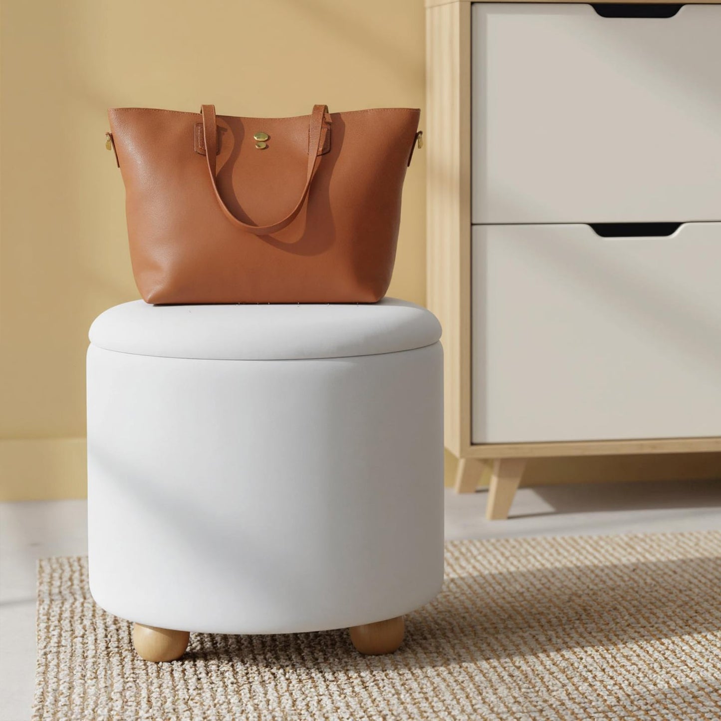 Round Storage Ottoman 45 CM Chenille Fabric Footrest Stool with Removable Lid-White