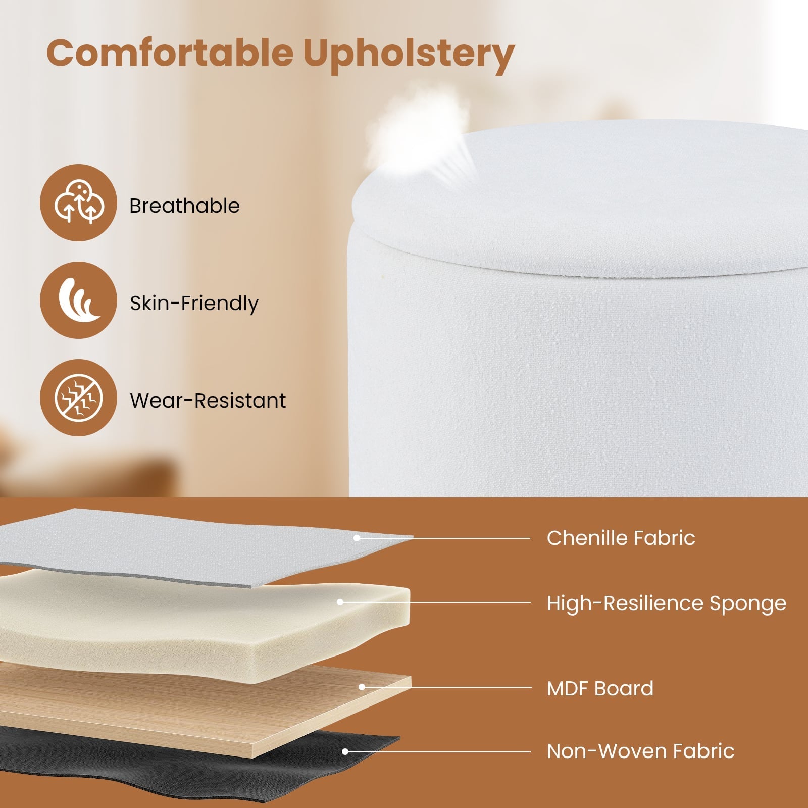 Round Storage Ottoman 45 CM Chenille Fabric Footrest Stool with Removable Lid-White