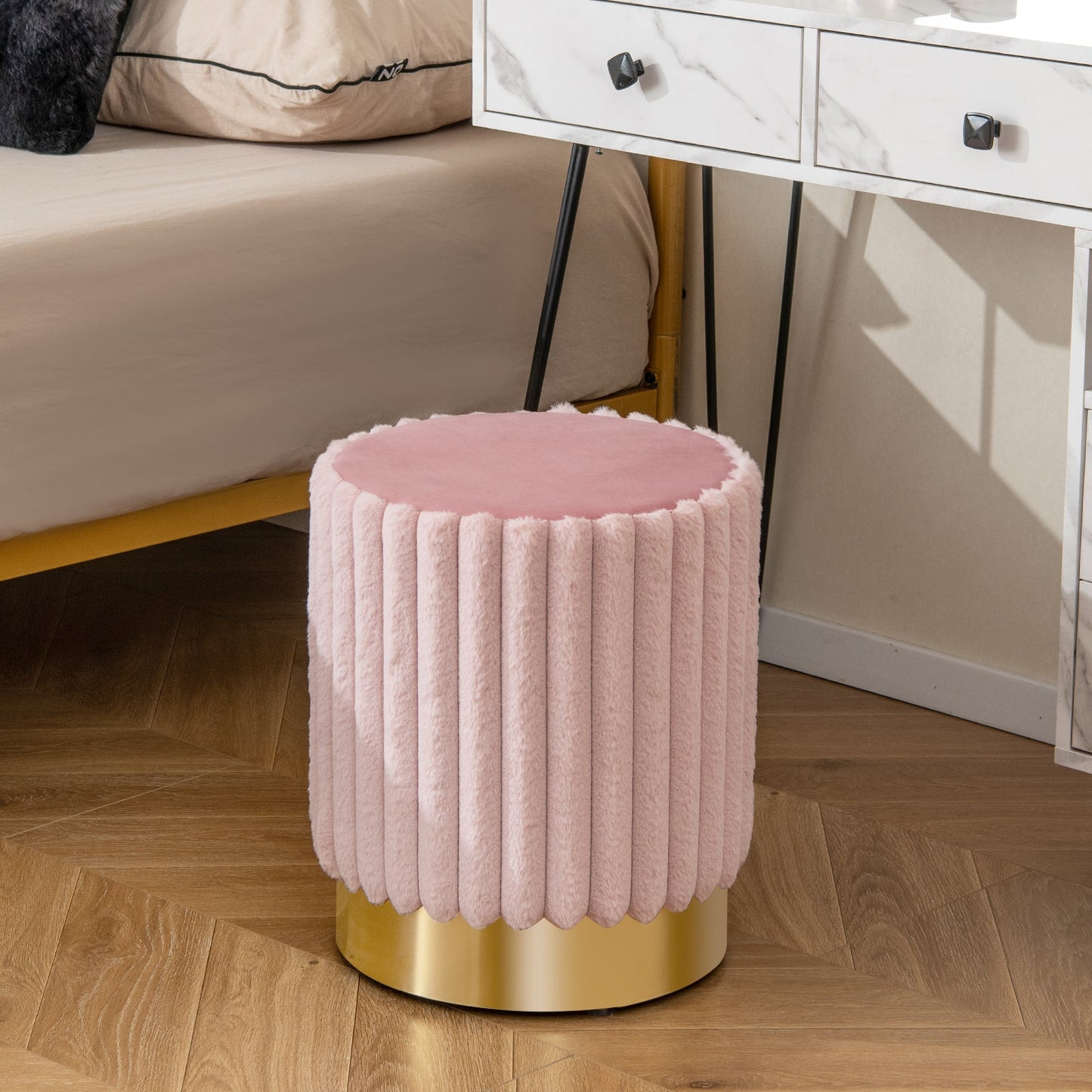 Upholstered Footrest Stool with Decorative Vertical Tufting and Heavy-duty Metal Base-Pink