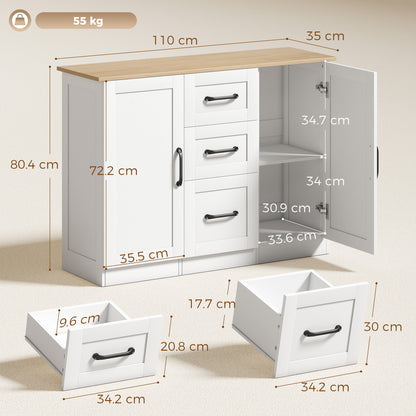 HOMCOM Sideboard Storage Cabinet, Modern 110 cm Buffet Storage Cabinet with 3 Drawers and 2 Soft Close Doors, White