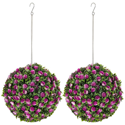 HOMCOM Set of 2 Decorative Artificial Plants, UV-protected Artificial Plant Topiary Rose Balls, Fake Plants for Home Indoor outdoor Decor, 28cm, Purple
