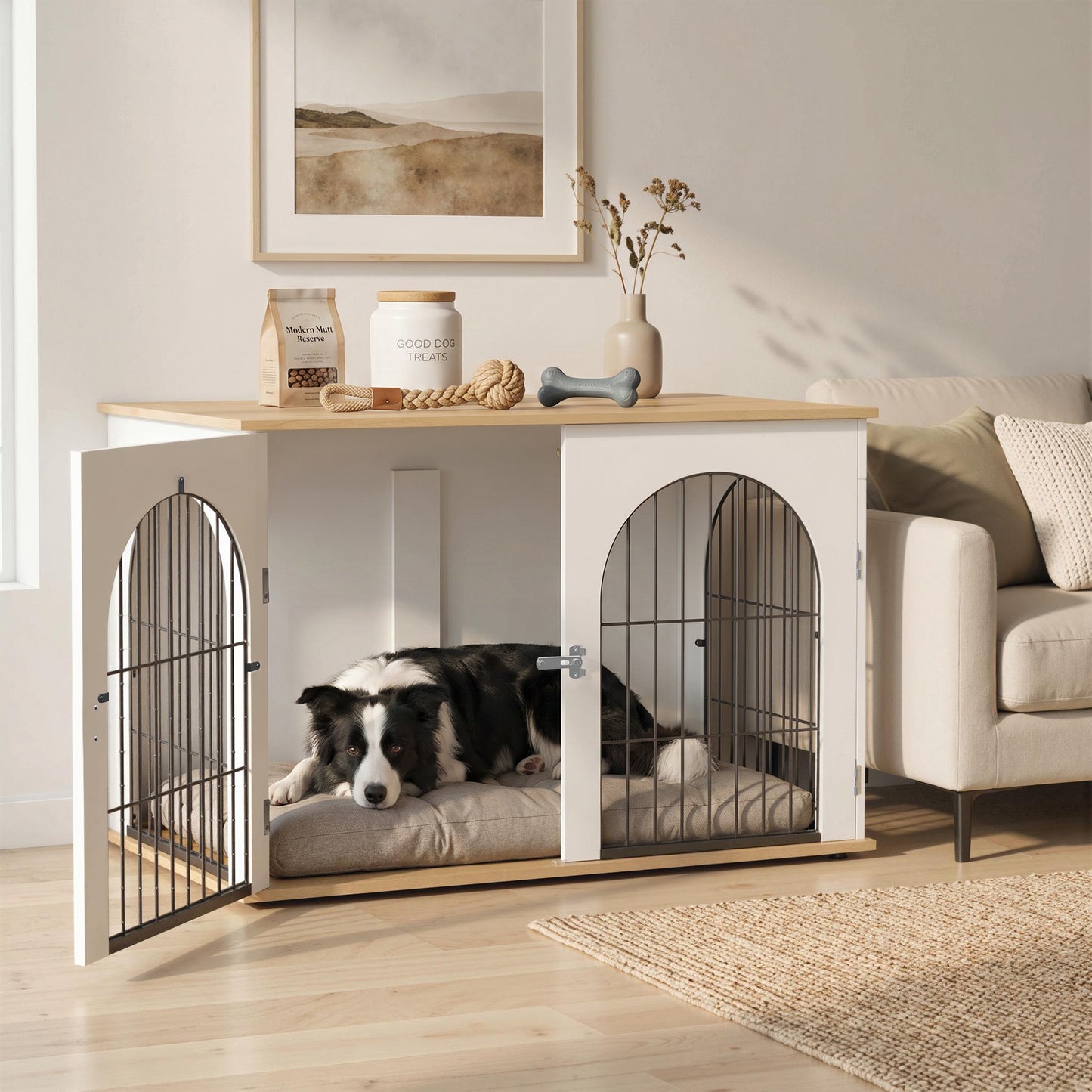 PawHut Dog Crate Furniture, Indoor Dog Cage with Double Doors for Large Breeds, Pet Kennel End Side Table