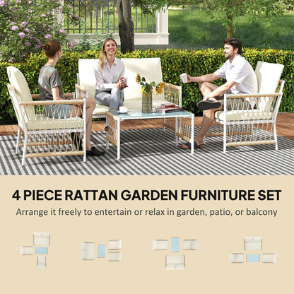 Outsunny 4 Piece Rattan Garden Furniture Set, 4 Seater Wicker Patio Conversation Set with 2 Armchairs, Loveseat, Glass Top Coffee Table and Cushions for Outdoor, Balcony, Khaki