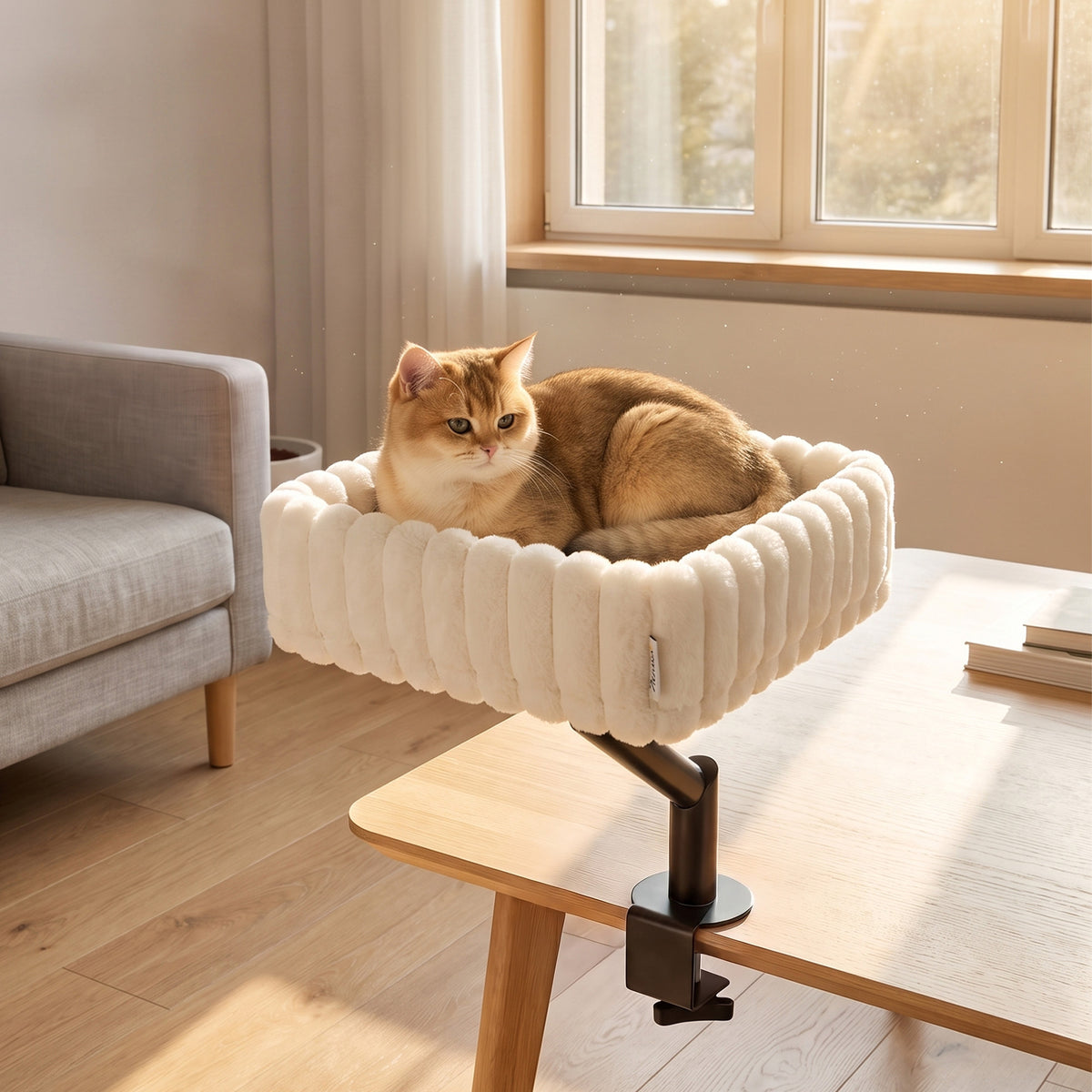 PawHut Cat Desk Bed, Rotatable Raised Cat House for Desk, Window, Soft Kitten Hammock with Hanging Ball, White