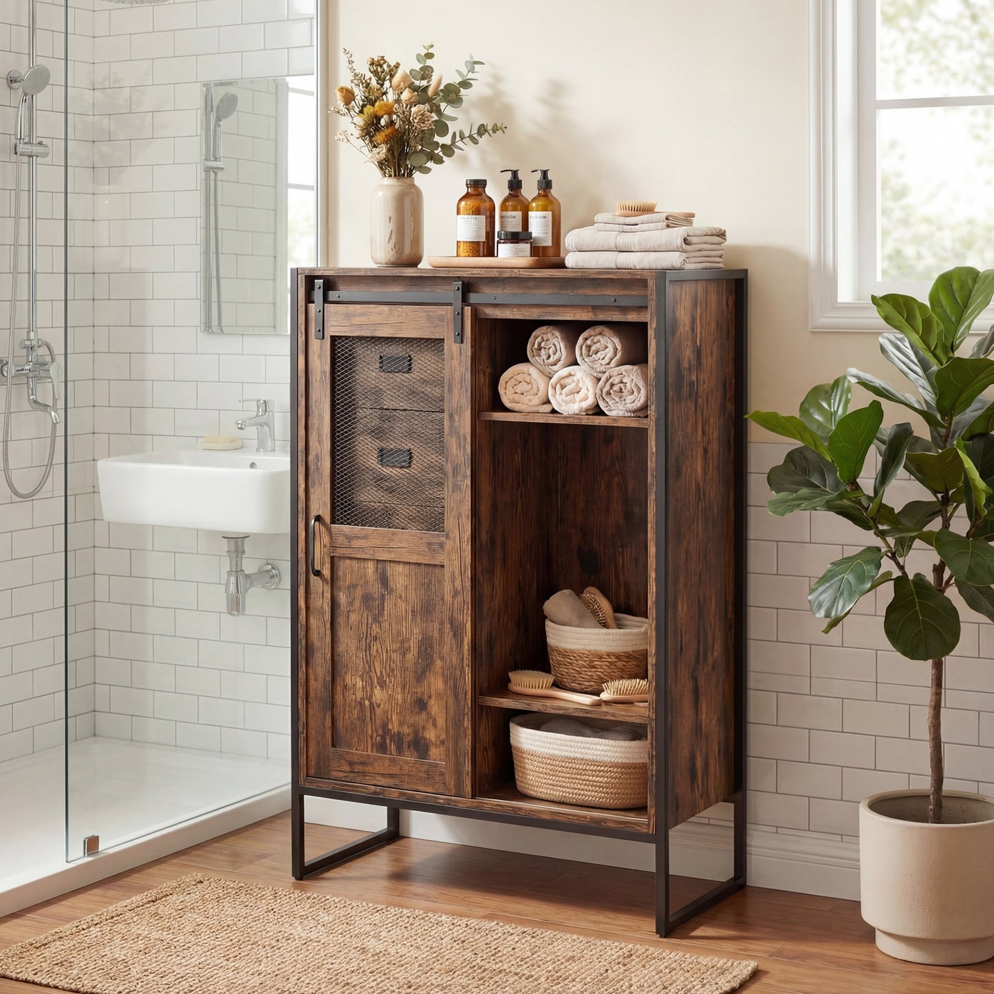 Rustic Storage Organizer with Sliding Door 5 Drawers and Adjustable Shelves for Bathroom-Rustic Brown