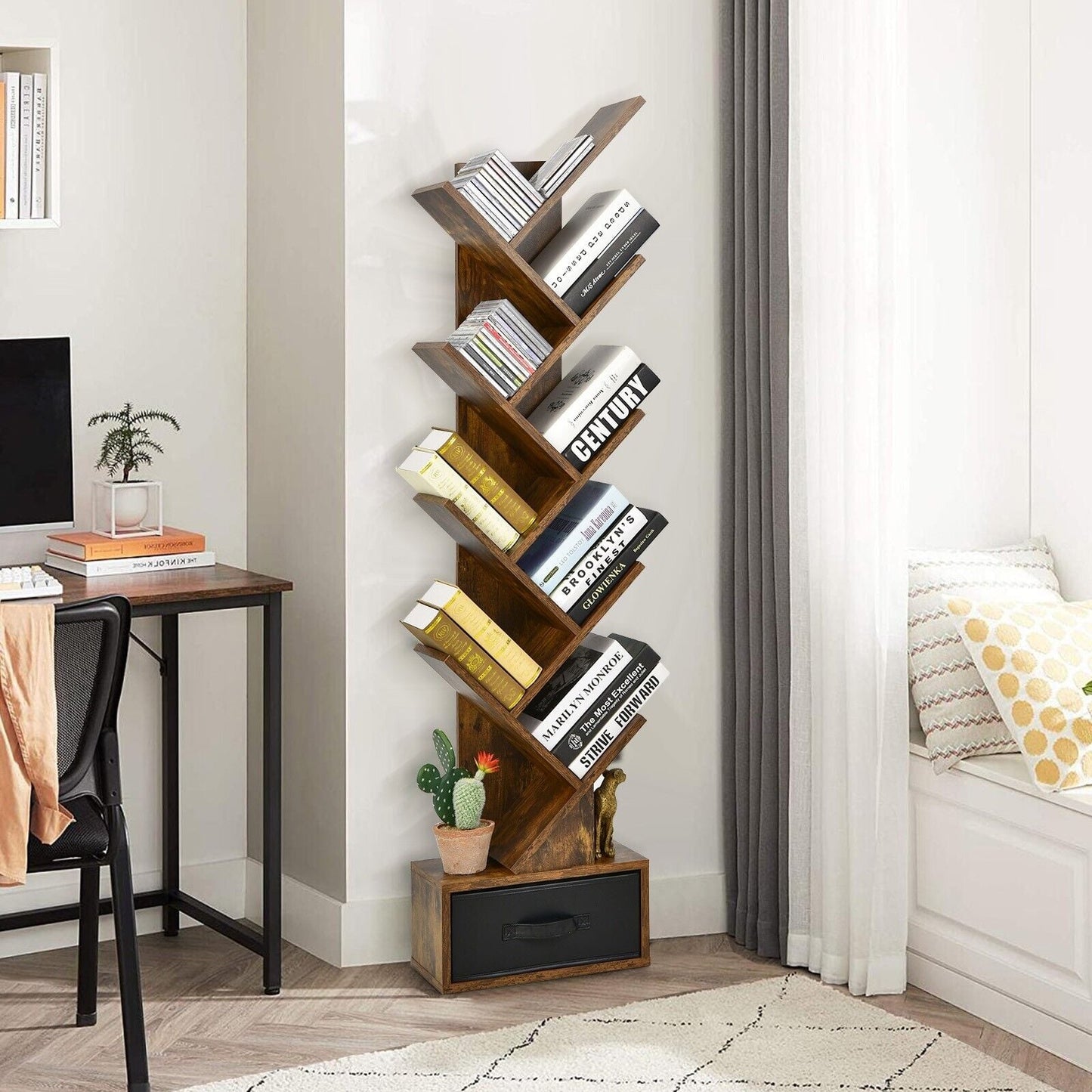 10-Tier Freestanding Tree Bookshelf with Drawer-Rustic Brown