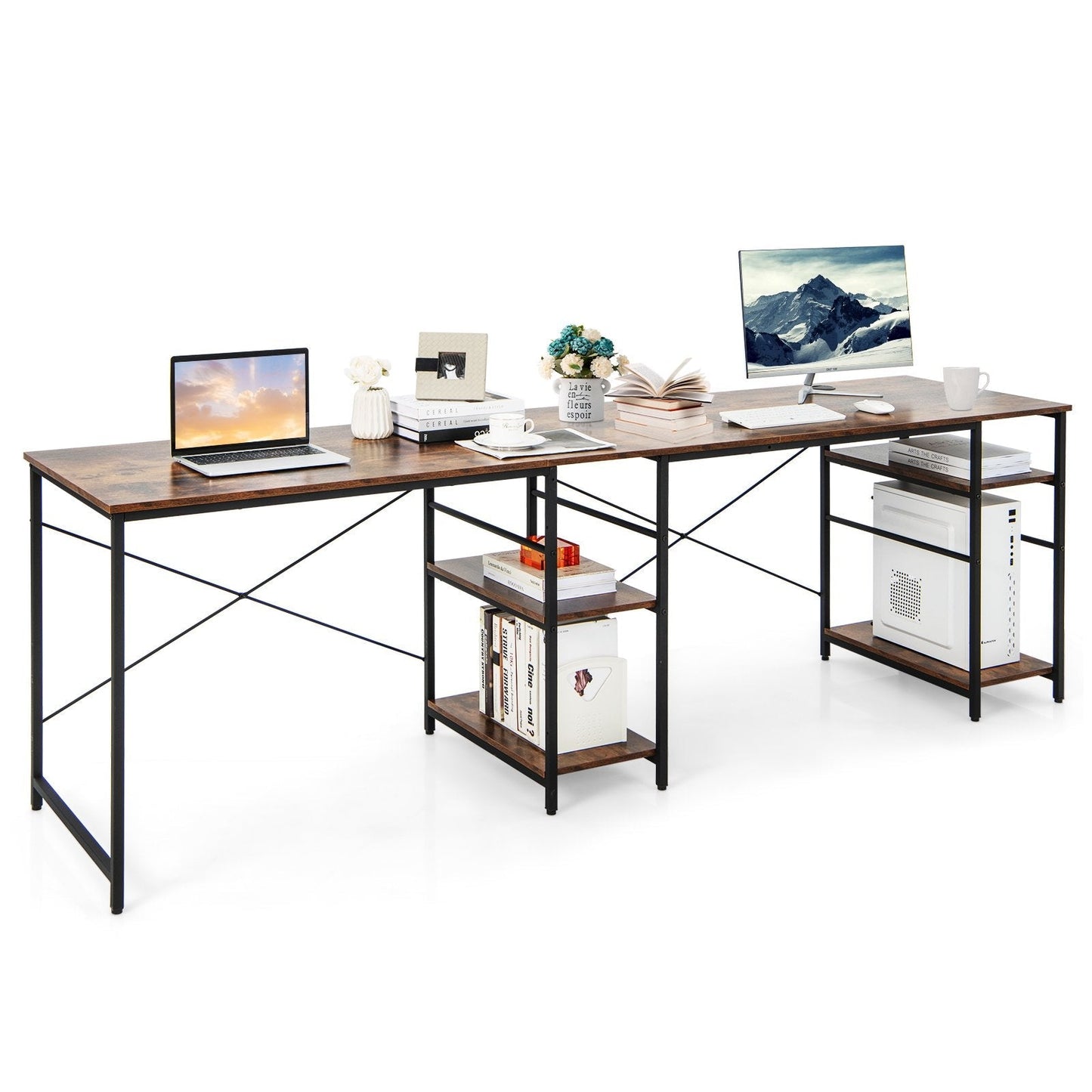Wooden Industrial L-Shaped Desk with Storage Shelves-Rustic Brown