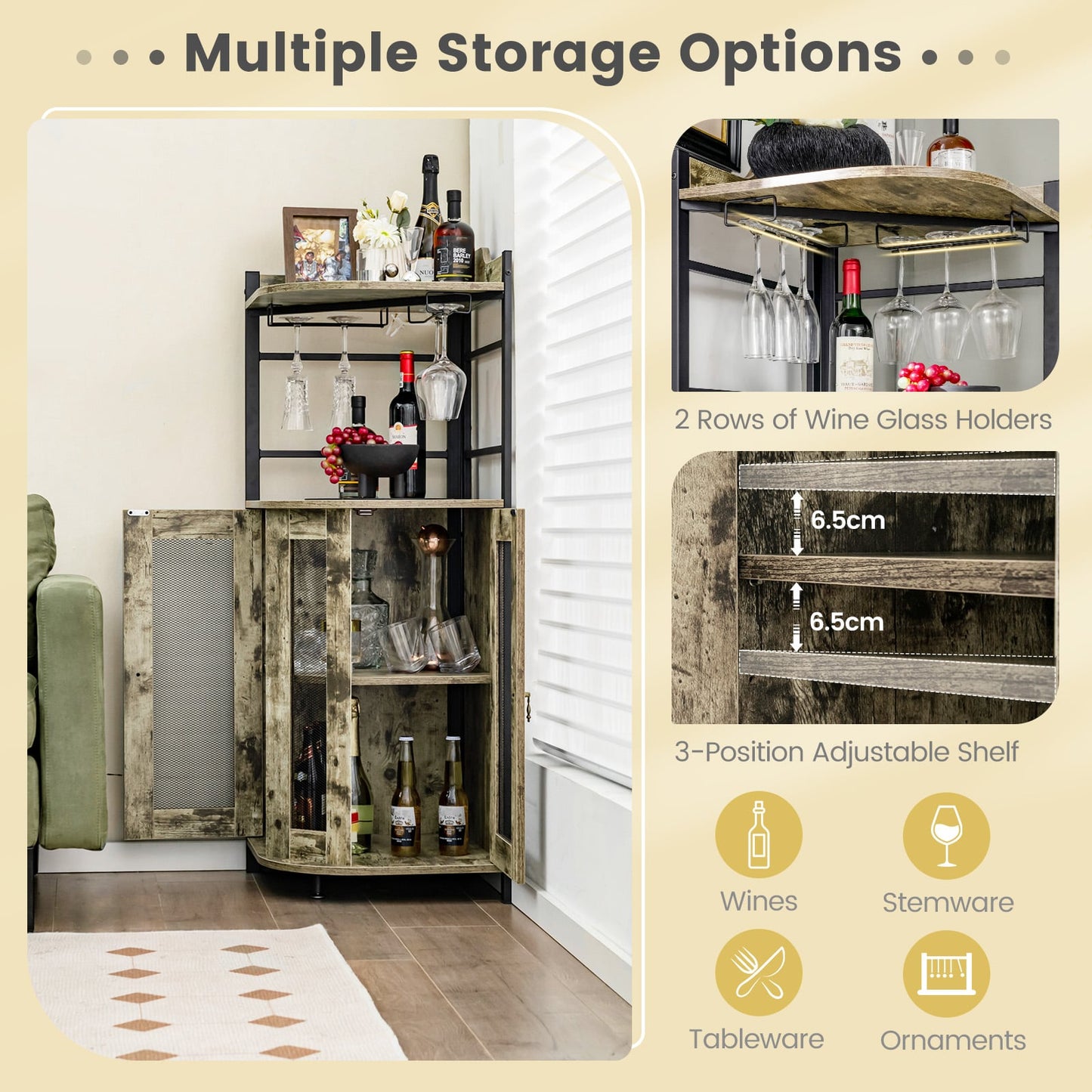 Industrial Corner Bar Wine Cabinet with Metal Mesh Doors and Adjustable Shelf-Rustic Brown